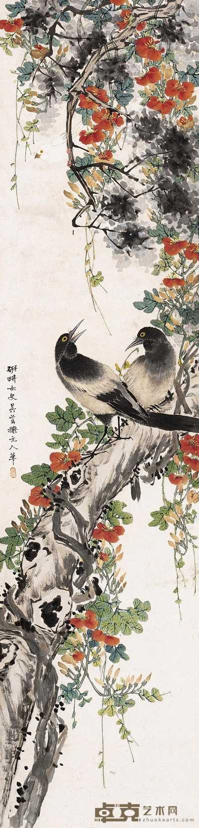 吴芸 花鸟图 立轴 135×32.5cm